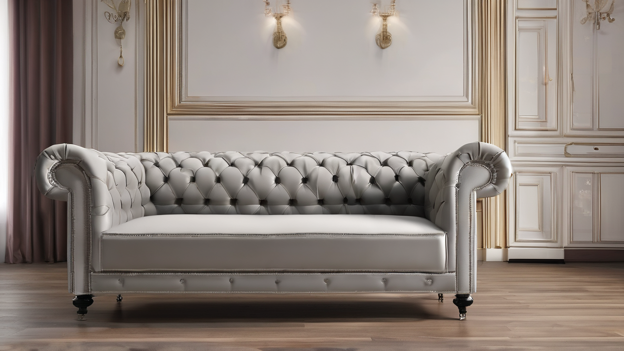 Elegancka klasyczna sofa w stylu Chesterfield w kolorze głębokiego granatu z pikowanym obiciem w stylowym wnętrzu