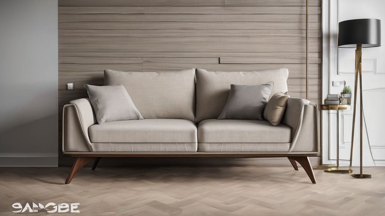 Elegancka sofa trzyosobowa w kolorze beżowym z drewnianymi nogami w stylu skandynawskim