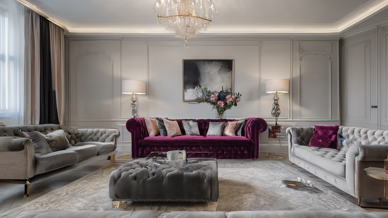 Elegancki apartament z granatową sofą typu Chesterfield, kryształowym żyrandolem i marmurowym stolikiem