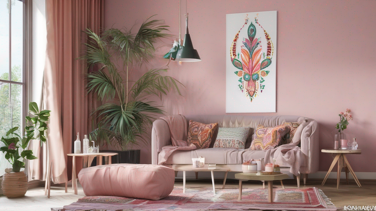 Kolorowy salon w stylu boho z sofą ozdobioną wieloma poduszkami w etniczne wzory i otoczoną roślinami