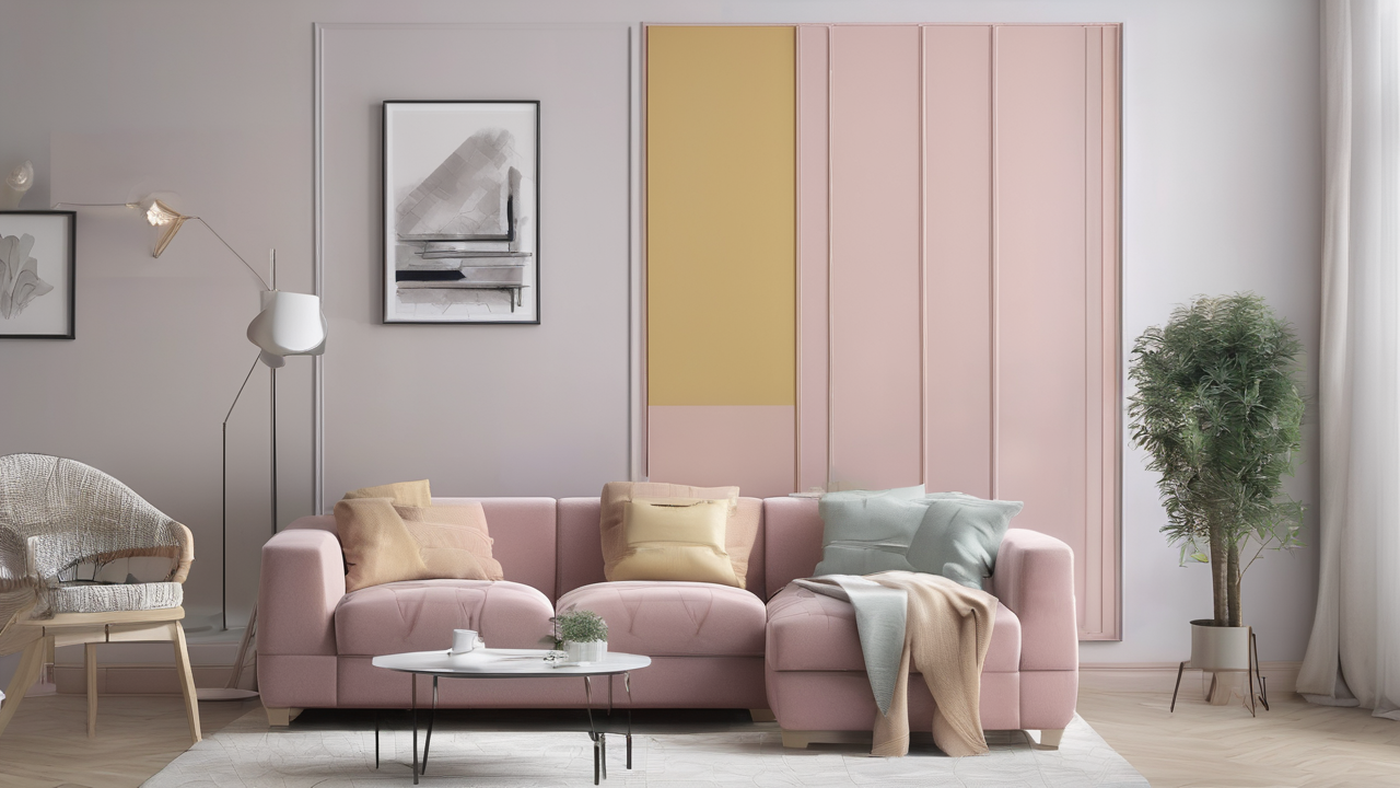 Minimalistyczne wnętrze salonu z nowoczesnymi sofami w pastelowych kolorach i dużymi oknami