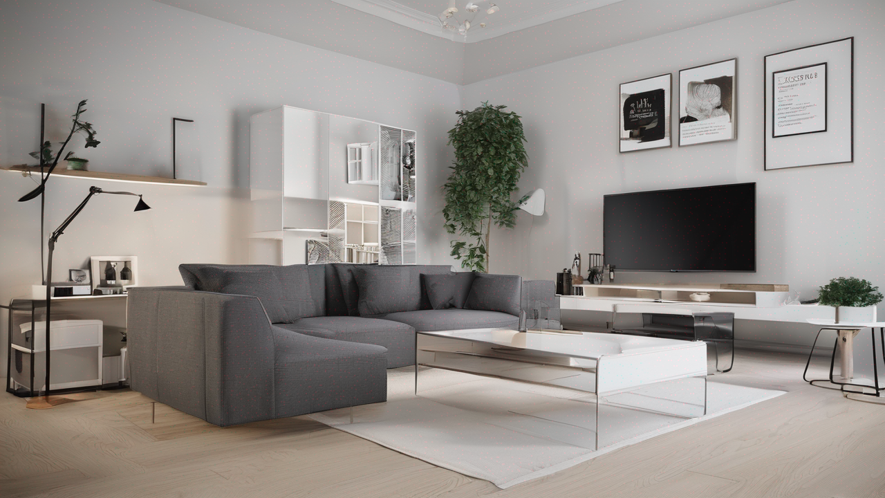 Minimalistyczny salon z szarą sofą, drewnianym stolikiem kawowym i dużymi roślinami doniczkowymi