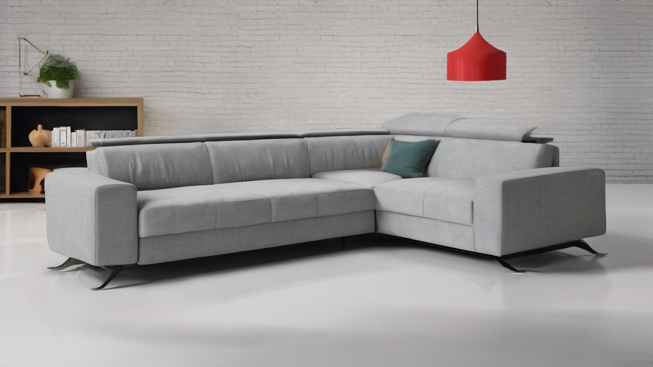 Nowoczesna narożna sofa w kolorze głębokiego granatu z ozdobnymi poduszkami w salonie z dużymi oknami