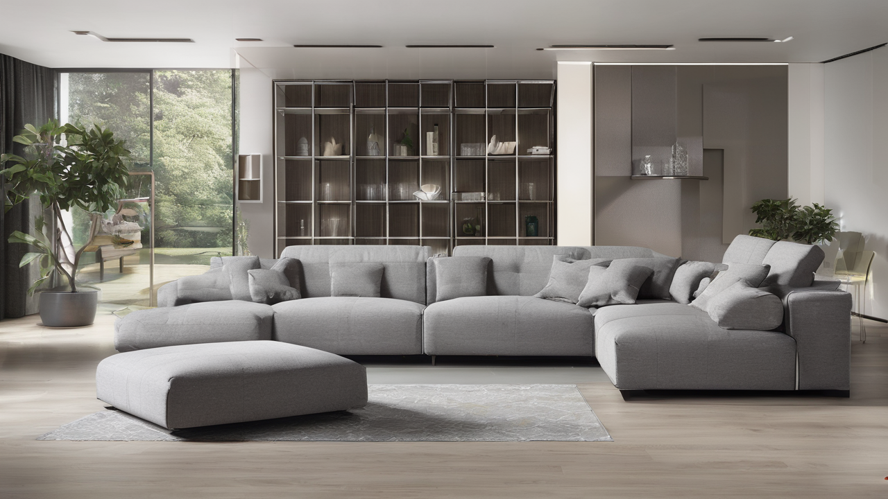 Nowoczesna sofa modułowa w odcieniach szarości z akcentami w kolorze musztardowym w przestronnym salonie