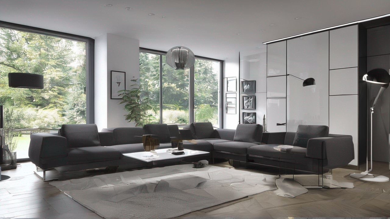 Nowoczesny salon z szarą modułową sofą i minimalistycznymi dodatkami