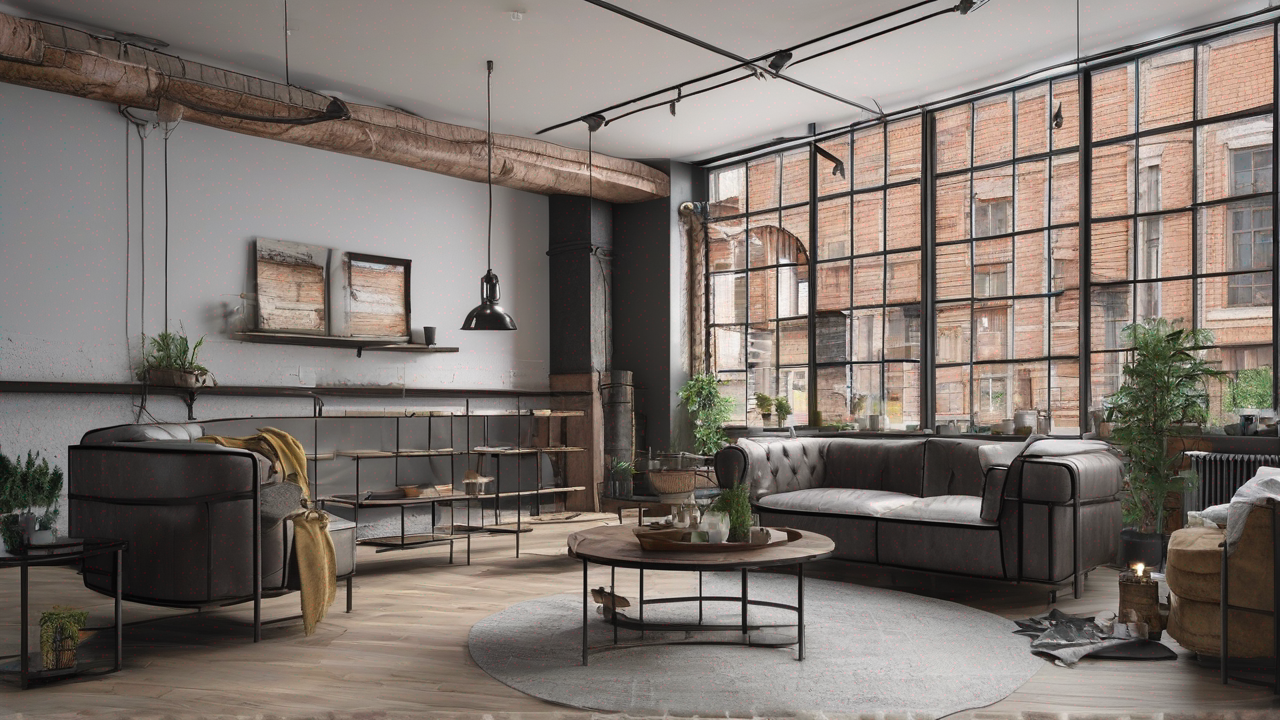 Salon w stylu industrialnym z ciemną skórzaną sofą, metalowymi elementami i ceglaną ścianą
