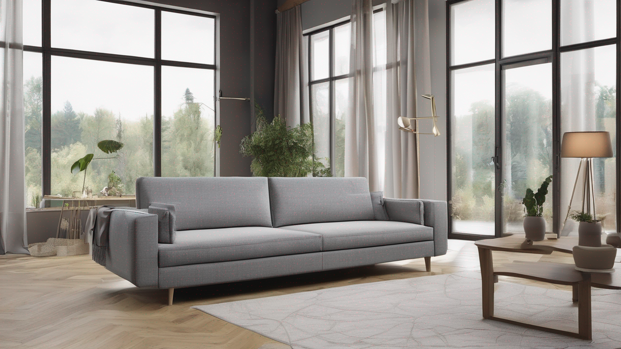Skandynawska jasna sofa z drewnianymi elementami w minimalistycznym wnętrzu z dużą ilością naturalnego światła