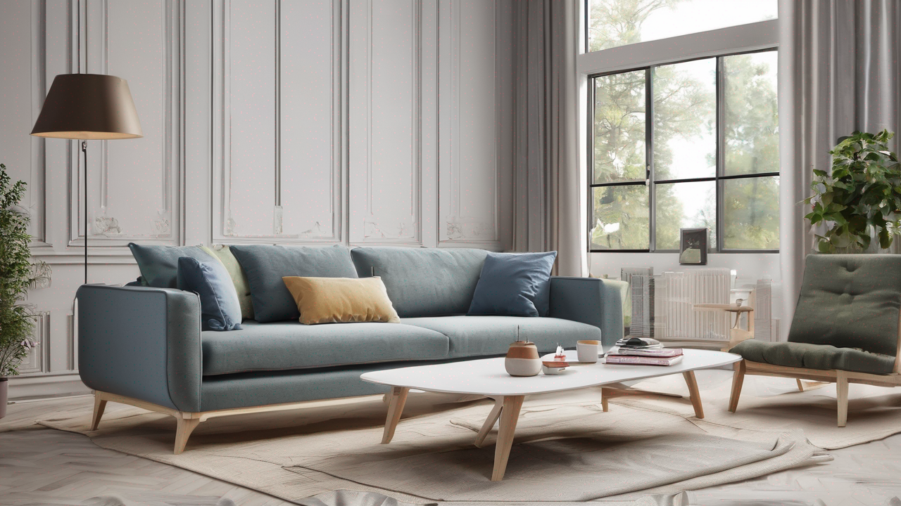 Trzyosobowa sofa w kolorze beżowym z drewnianymi nogami i naturalnymi poduszkami dekoracyjnymi